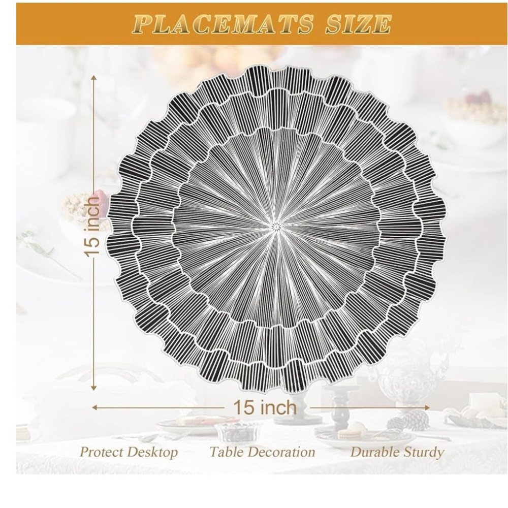 Silver Placemats Set of 6 Round 15 inch Table Mats Vinyl Pressed Waterproof - Picture 6 of 6